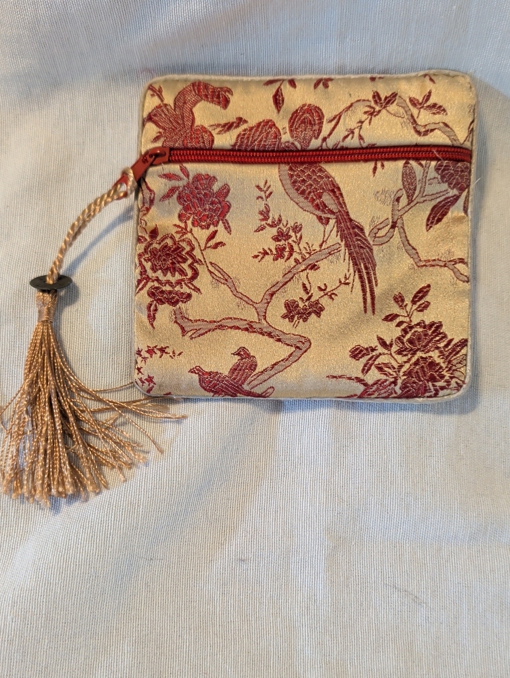 Silk Bird Print Zipper Coin Purse with Tassel - Beige & Burgundy